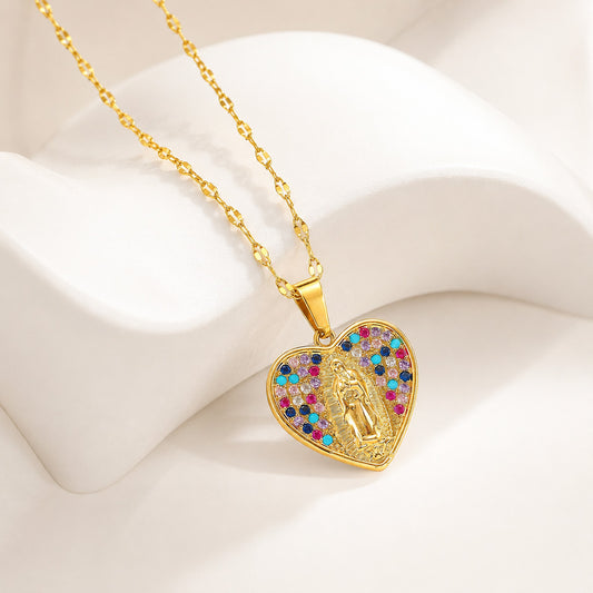 Colorful Crystal Our Lady Heart Necklace