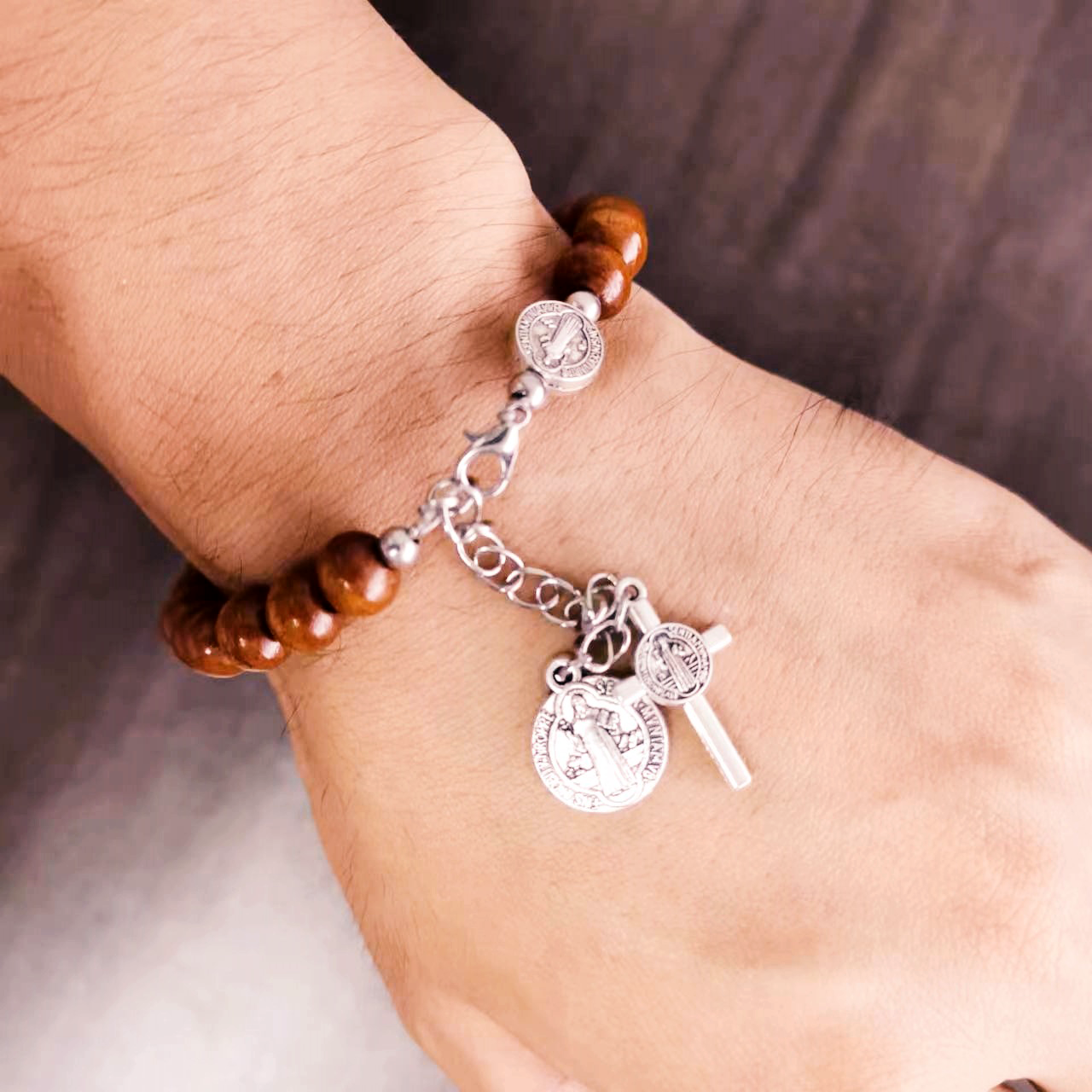 Nature Wood Saint Benedict Medal Bracelet Amen Artisan