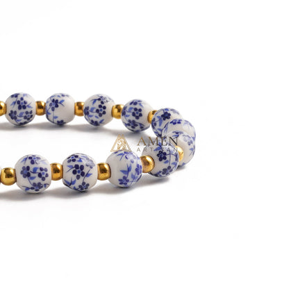 【Deal Today】Blue and White Pottery Beads & Baroque Pearl Elastic Cord Cross Bracelet