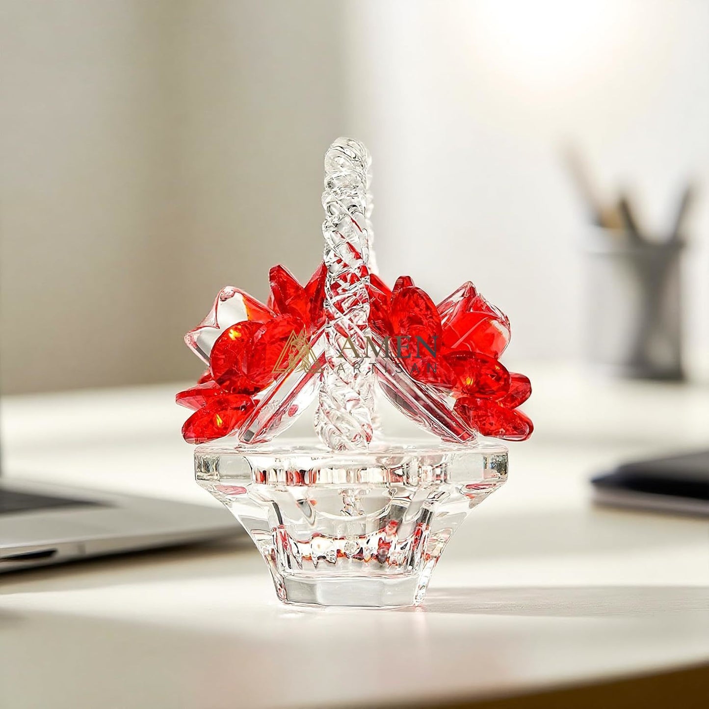 Crystal Red Rose Flower Basket Figurine Amen Artisan