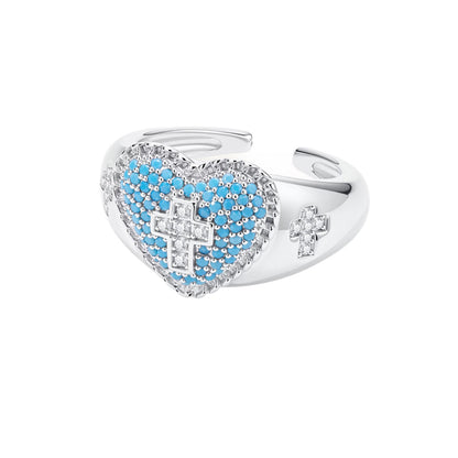 Blue Heart Cross Open Ring with Rhinestone Accents