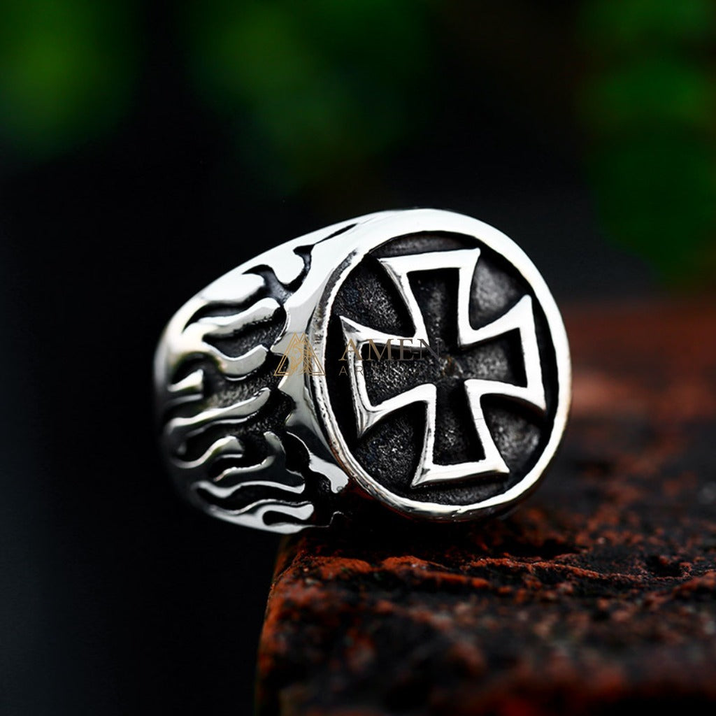 Cross & Flame Pattern Ring Amen Artisan