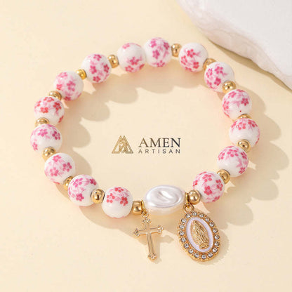 【Deal Today】Blue and White Pottery Beads & Baroque Pearl Elastic Cord Cross Bracelet