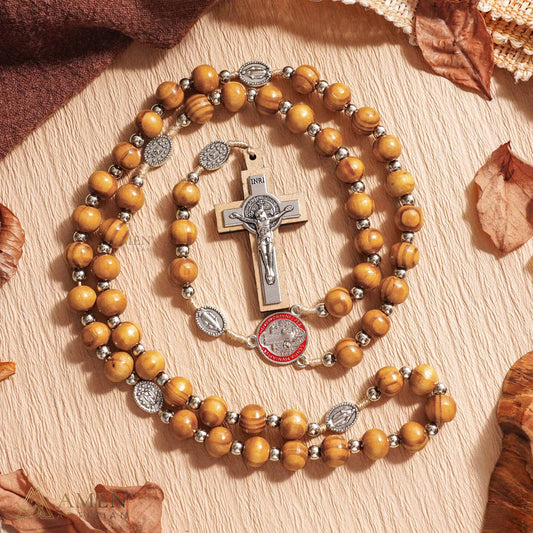Nature Wood Saint Benedict Medal Rosary