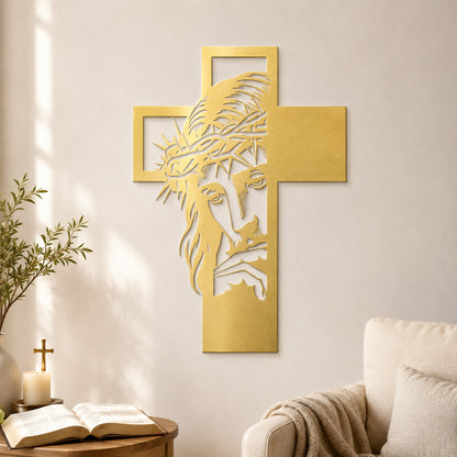 Jesus Portrait Metal Cross Wall Art with Crown of Thorns
