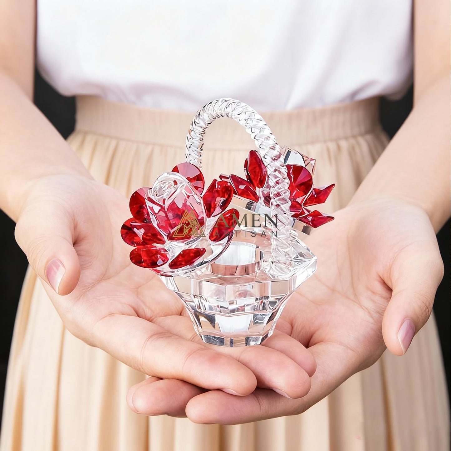 Crystal Red Rose Flower Basket Figurine Amen Artisan