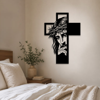 Jesus Portrait Metal Cross Wall Art with Crown of Thorns