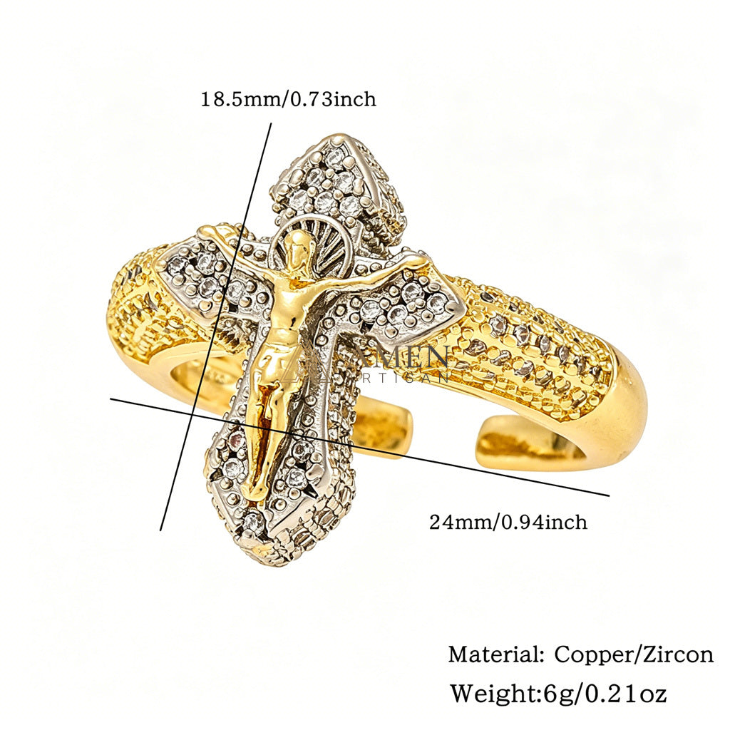 Cubic Zirconia Crucifix Open Ring in Brass - Faith, Hope & Protection |  Amen Artisan