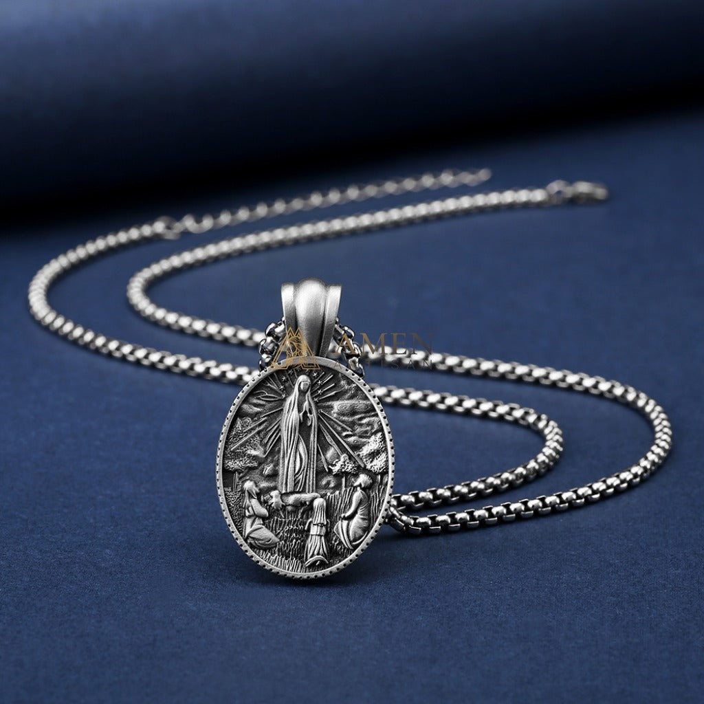 Our Lady of Fatima Apparition Oval Pendant Necklace Amen Artisan