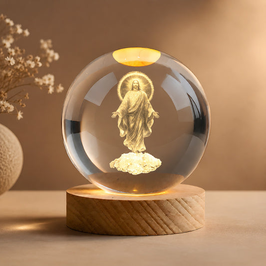 Jesus Christ Crystal Night Light with Warm Wooden Base
