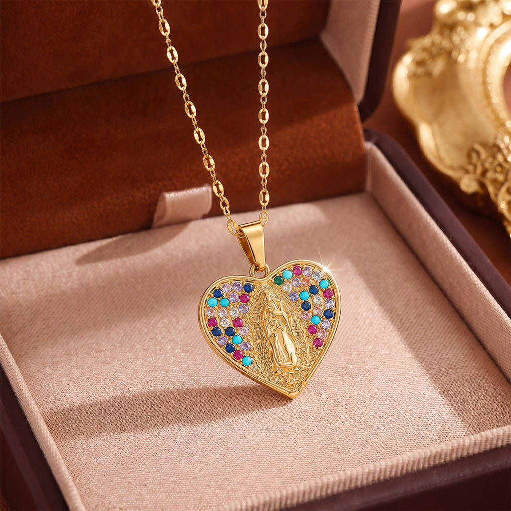 Colorful Crystal Our Lady Heart Necklace