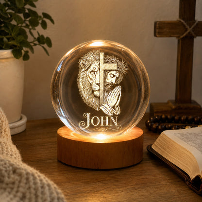 【Deal Today】Personalized Christian Crystal Night Light with Lion, Cross, and Jesus — Strength