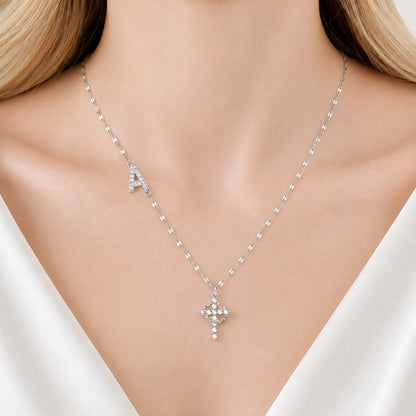 Sparkling Zircon Cross Necklace with A-Z Initial Charm