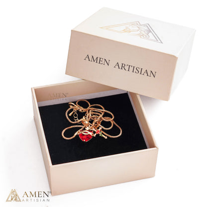 Zircon Sacred Heart & Rose Cross Double Pendant Necklace Amen Artisan