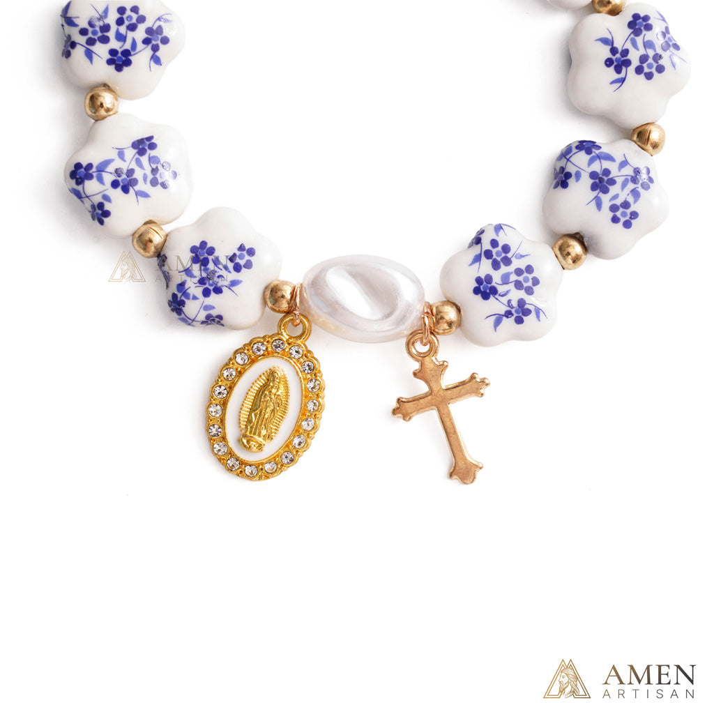 Blue Floral Ceramic Flower Bracelet with Virgin Mary Pendant - Faith & Peace | Amen Artisan