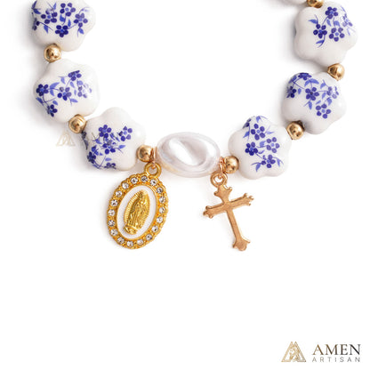 Blue Floral Ceramic Flower Bracelet with Virgin Mary Pendant - Faith & Peace | Amen Artisan