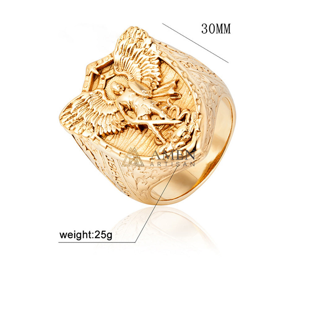 Shield Ring with Guardian Angel Relief - Protection, Courage & Faith |  Amen Artisan