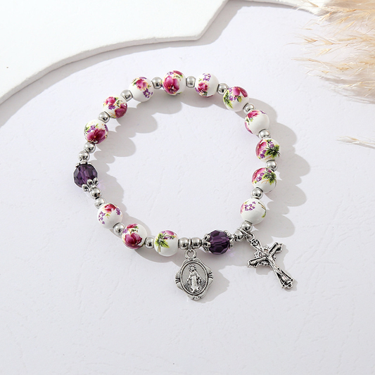 Amen Artisan Blue-and-White Porcelain Style Crucifix Pearl Bracelet