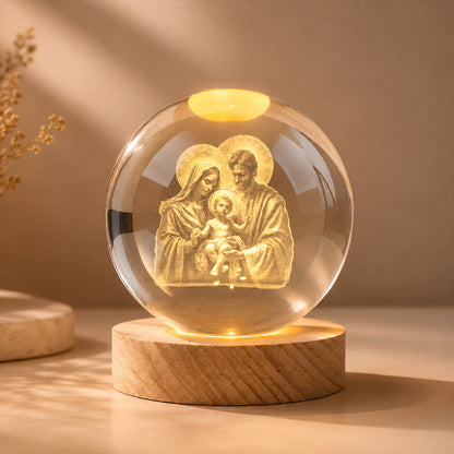 Holy Family Crystal Night Light with Warm Wooden Base — Home Blessing