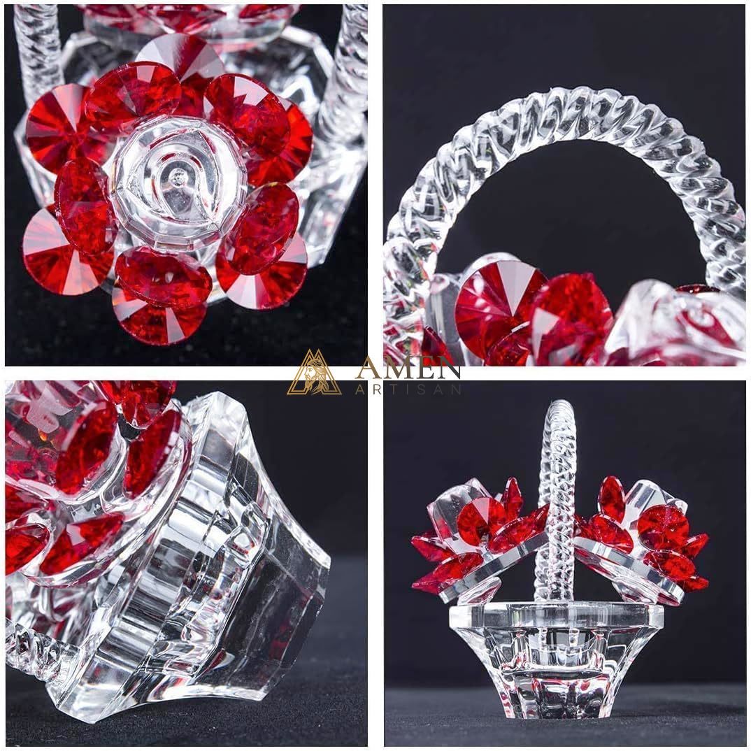 Crystal Red Rose Flower Basket Figurine Amen Artisan
