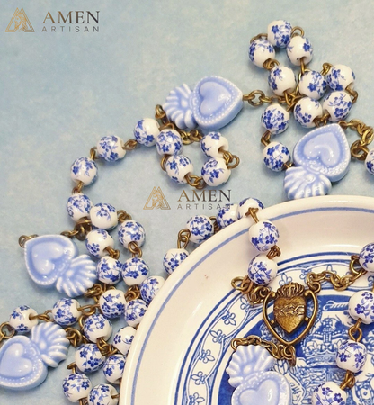 Delft Blue Beads Sacred Heart Rosary - Blue and White Cherry Blossom Beads Vintage Bronze Style Ceramic Rosary -Amen Artisan