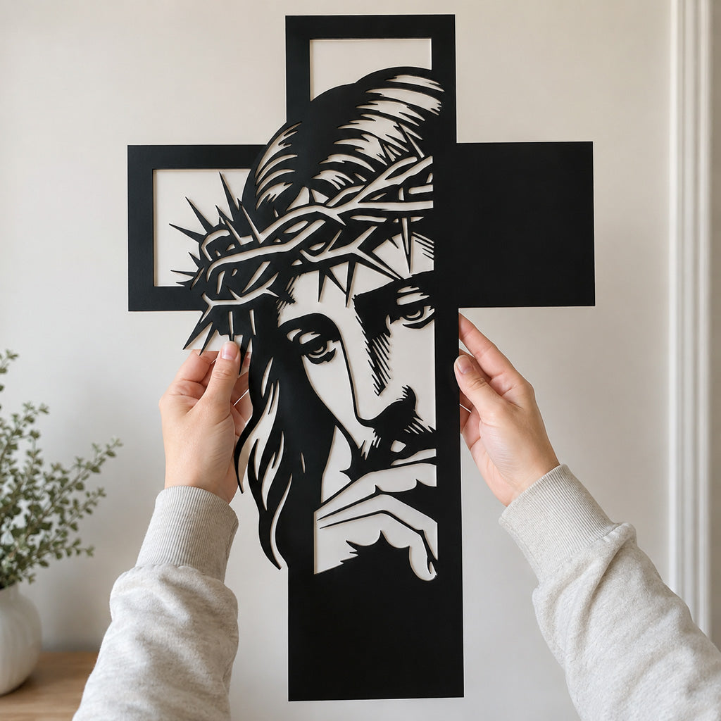Jesus Portrait Metal Cross Wall Art with Crown of Thorns
