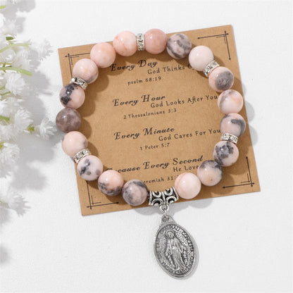 Pink and White Zebra Stone Miraculous Medal Stretch Bracelet Amen Artisan