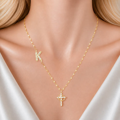 Sparkling Zircon Cross Necklace with A-Z Initial Charm