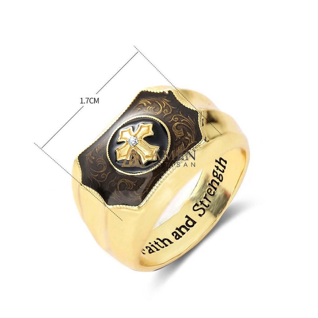 Enamel and Diamond-Encrusted Cross Ring Amen Artisan
