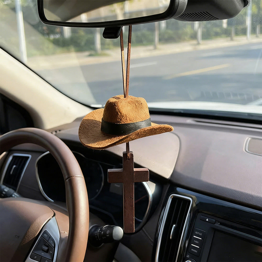 【Deal Today】Western Rearview Mirror Ornament with Cowboy Hat and Cross — Faith | Amen Artisan