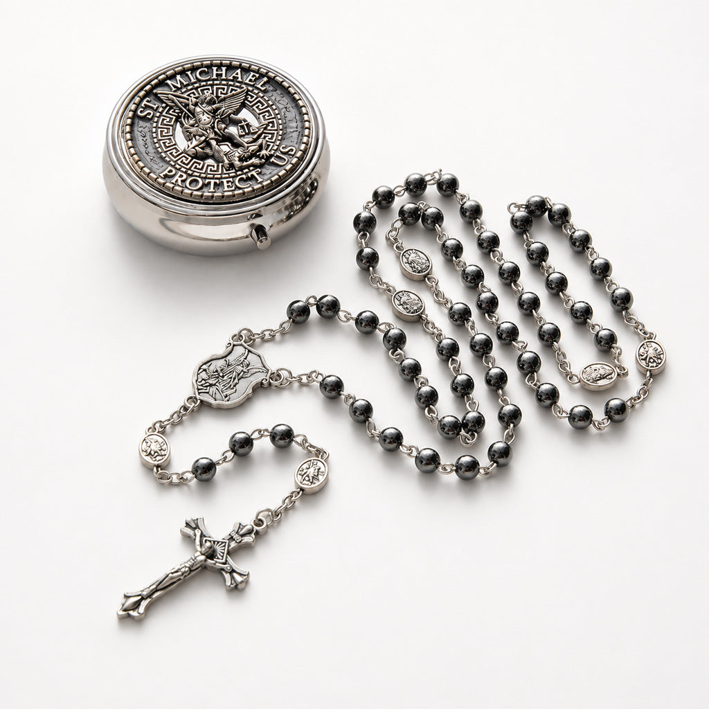 St. Michael Rosary with Blue Enamel Storage Box - Faith & Strength| Amen Artisan
