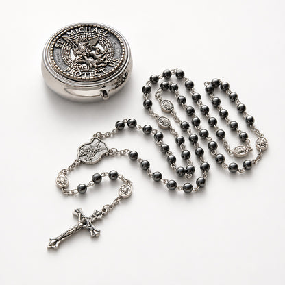 St. Michael Rosary with Blue Enamel Storage Box - Faith & Strength| Amen Artisan