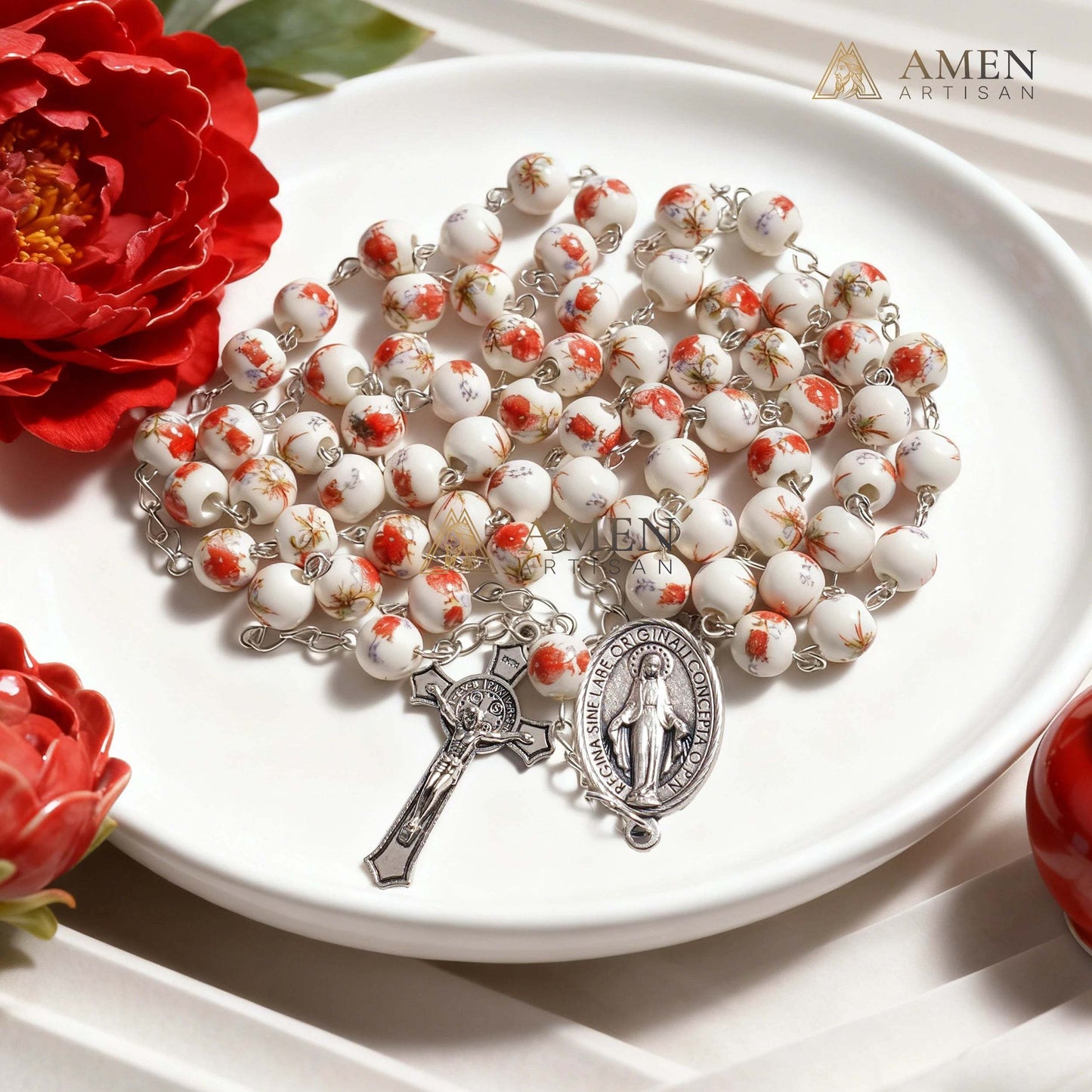 Plum Blossom Ceramic Rosary Amen Artisan