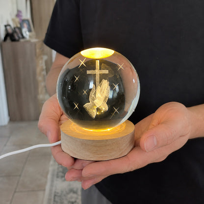 Christian Crystal Ball Night Light with Praying Hands and Cross — Peace