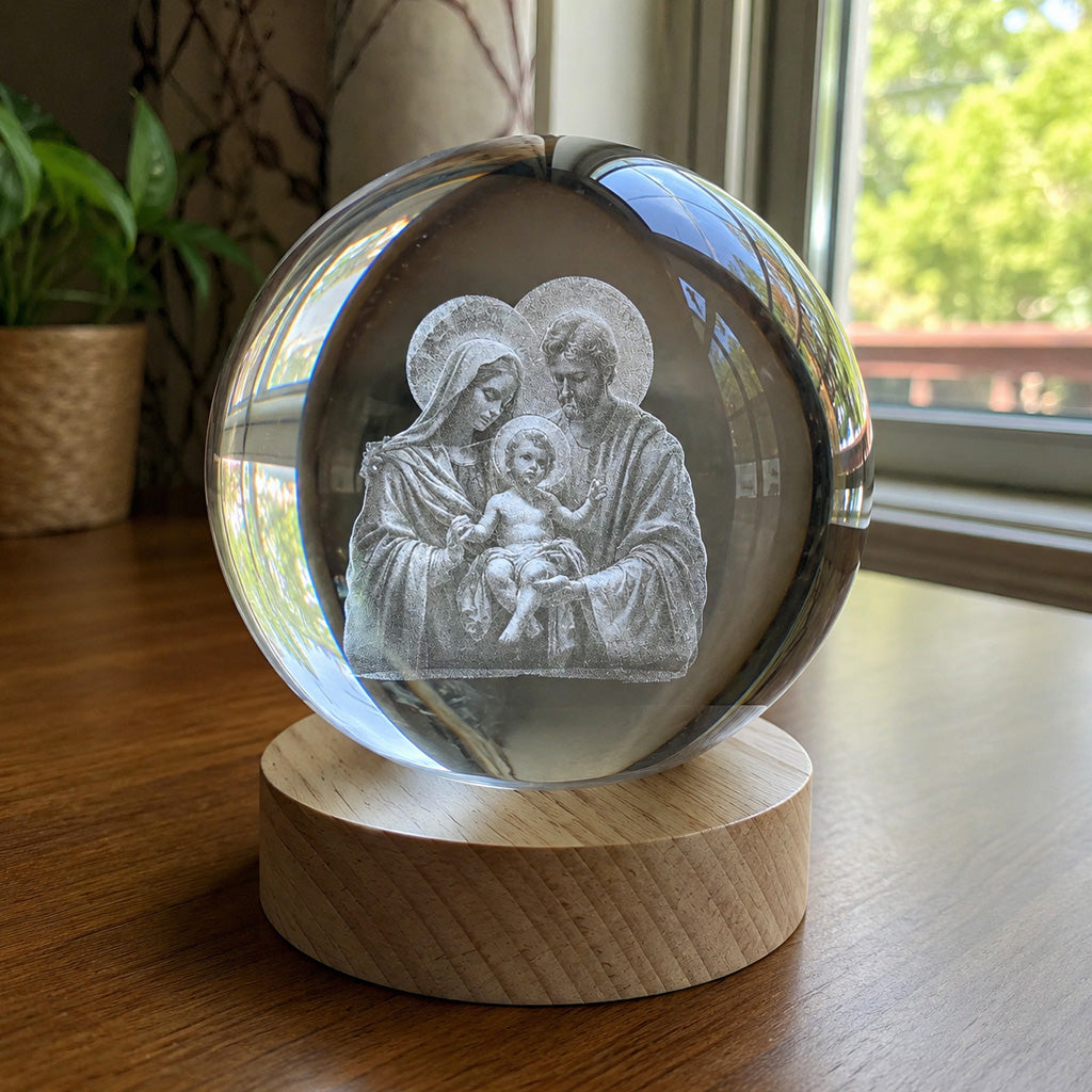 Holy Family Crystal Night Light with Warm Wooden Base — Home Blessing