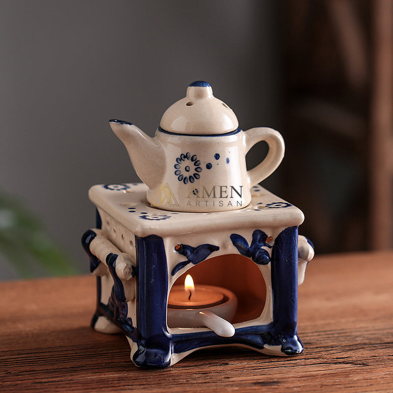 Meditation Blue Glazed Ceramic Aroma Diffuser Lamp Amen Artisan