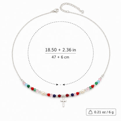 Colorful Beaded Cross Necklace with Natural Stone Details