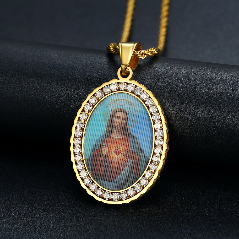 Holy Mother Photo Memorial Titanium Steel Zircon Necklace Amen Artisan