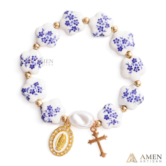 【Deal Today】Blue Floral Ceramic Flower Bracelet with Virgin Mary Pendant - Faith & Peace | Amen Artisan