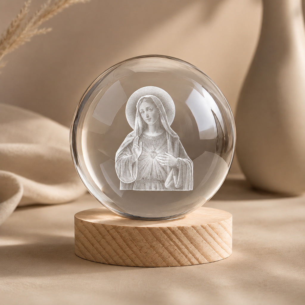 Virgin Mary Crystal Ball Night Light with Warm Wooden Base