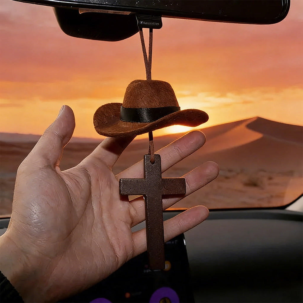 【Deal Today】Western Rearview Mirror Ornament with Cowboy Hat and Cross — Faith | Amen Artisan