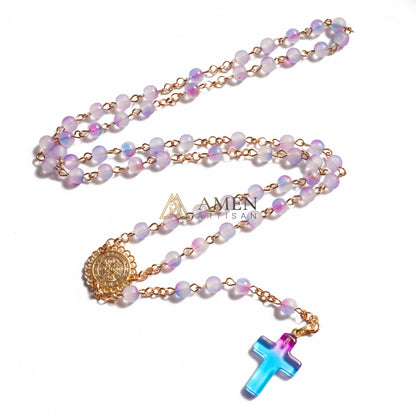 Handmade Purple Blue Gradient Rosary Necklace with Glass Cross and Devotional Medal |  Amen Artisan