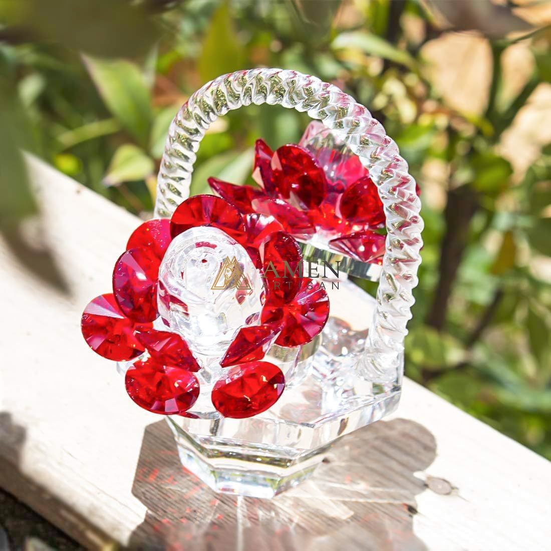 Crystal Red Rose Flower Basket Figurine Amen Artisan