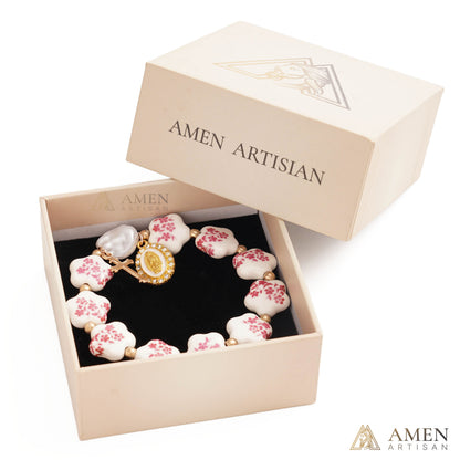 Blue Floral Ceramic Flower Bracelet with Virgin Mary Pendant - Faith & Peace | Amen Artisan