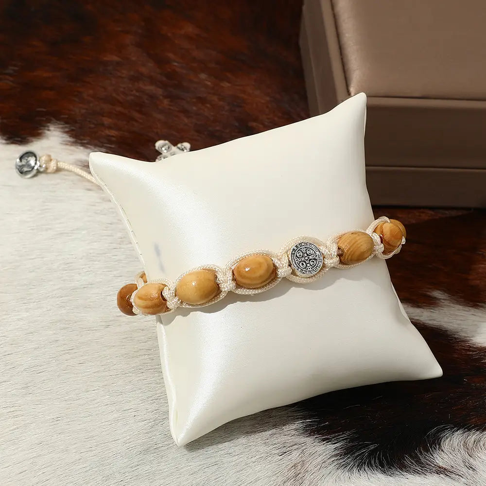 Braided Wooden Beads Saint Benedict Medal Bracelet Amen Artisan