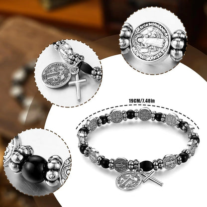 Hematite Beads Saint Benedict Medal Cross Elastic Cord Bracelet Amen Artisan